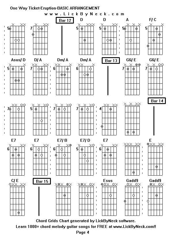 Chord Grids Chart of chord melody fingerstyle guitar song-One Way Ticket-Eruption-BASIC ARRANGEMENT,generated by LickByNeck software.